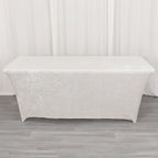 Crushed Velvet Fitted Rectangular 6ft Table Cover White - Wrinkle - Free Stretchy Tablecloth for Weddings and Banquets - Bell Racket Store
