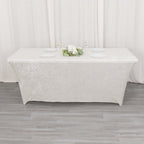 Crushed Velvet Fitted Rectangular 6ft Table Cover White - Wrinkle - Free Stretchy Tablecloth for Weddings and Banquets - Bell Racket Store