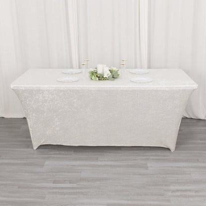 Crushed Velvet Fitted Rectangular 6ft Table Cover White - Wrinkle - Free Stretchy Tablecloth for Weddings and Banquets - Bell Racket Store
