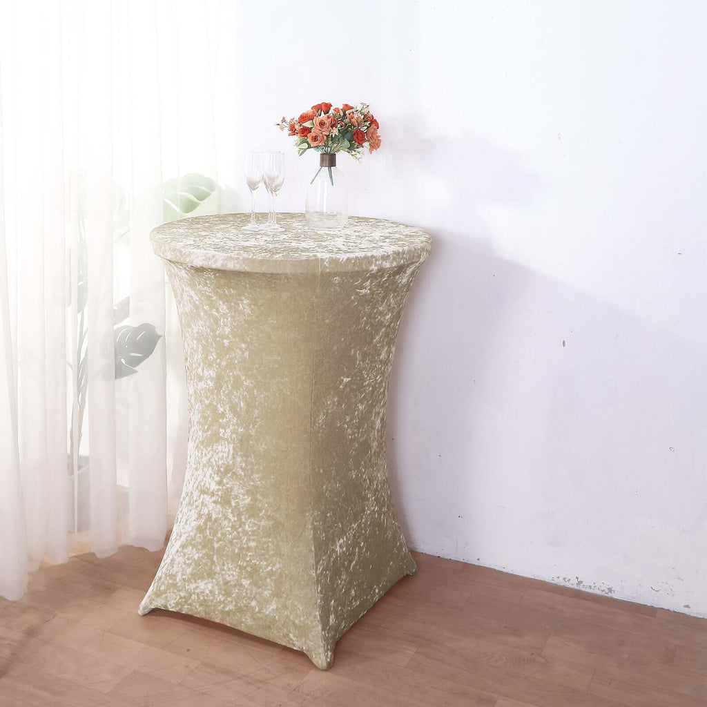 Crushed Velvet Spandex 30" Round Cocktail Table Cover Beige Smooth Highboy Tablecloth - Bell Racket Store