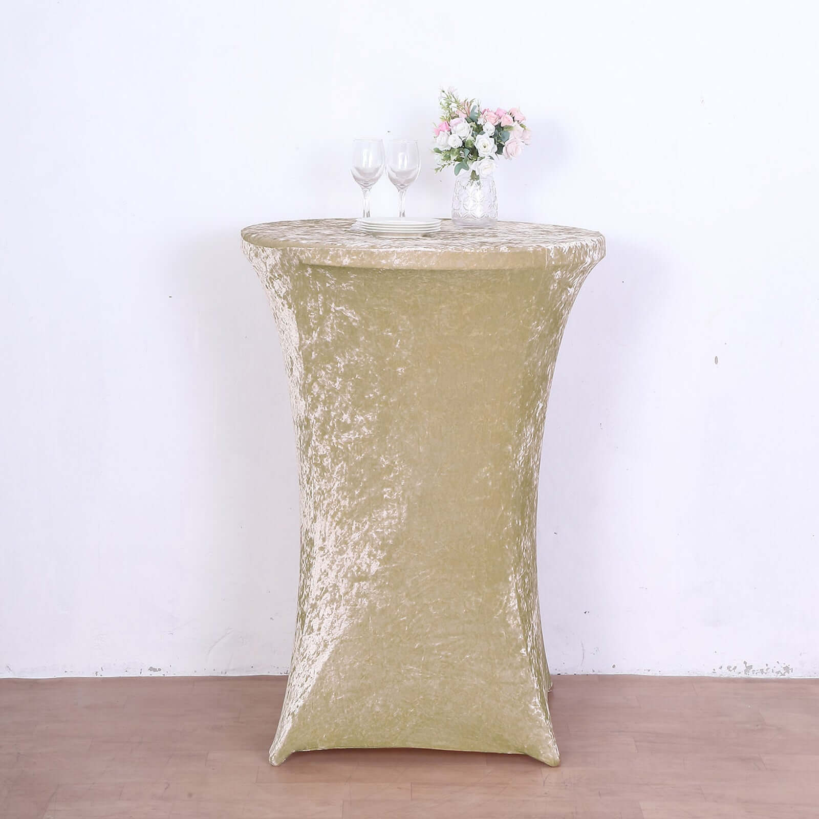 Crushed Velvet Spandex 30" Round Cocktail Table Cover Beige Smooth Highboy Tablecloth - Bell Racket Store