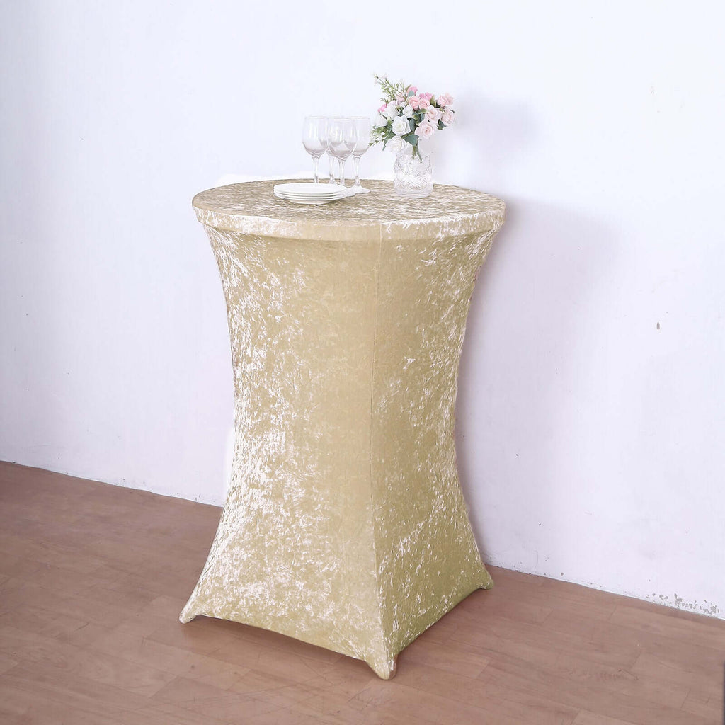 Crushed Velvet Spandex 30" Round Cocktail Table Cover Beige Smooth Highboy Tablecloth - Bell Racket Store