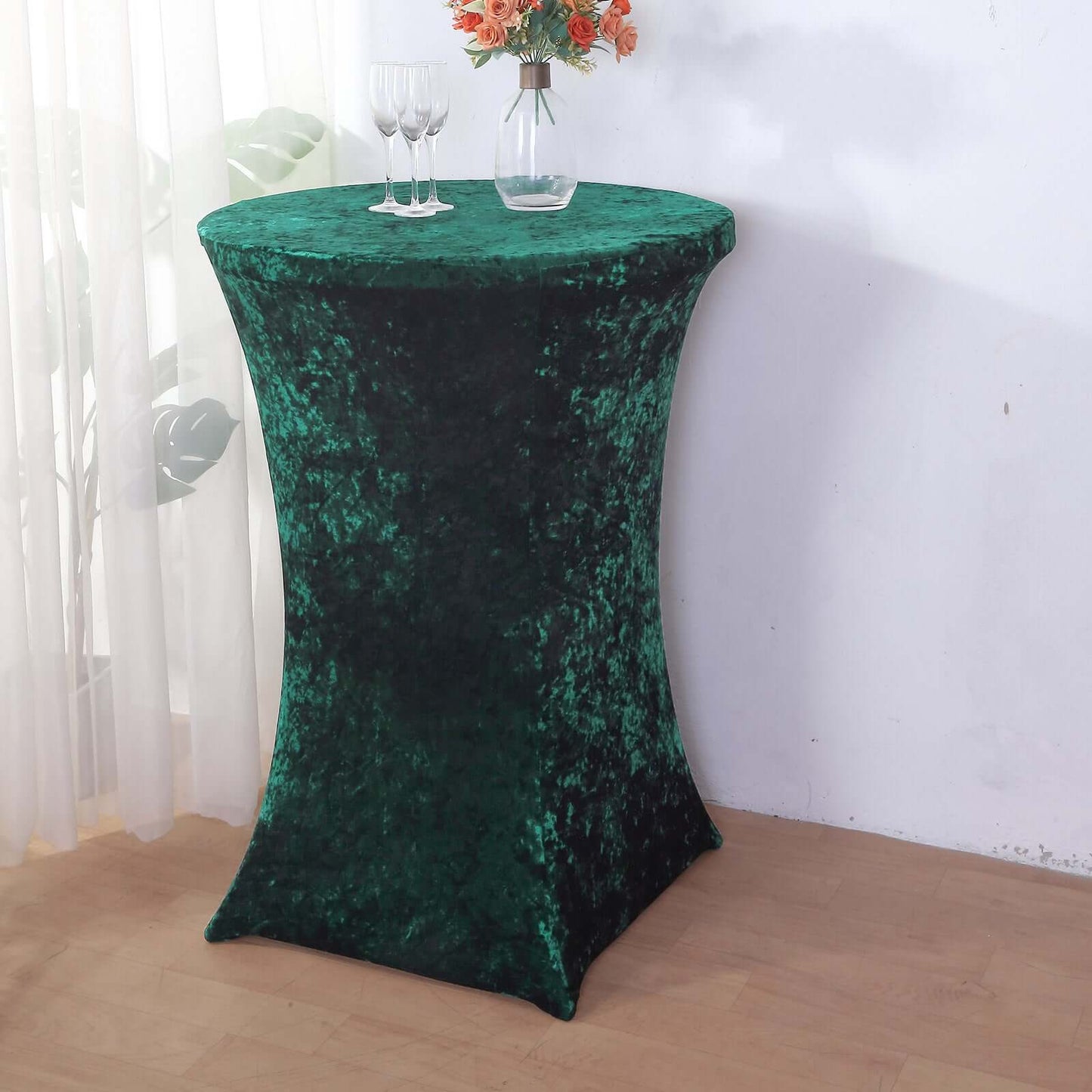 Crushed Velvet Spandex 30" Round Cocktail Table Cover Hunter Emerald Green Smooth Highboy Tablecloth - Bell Racket Store