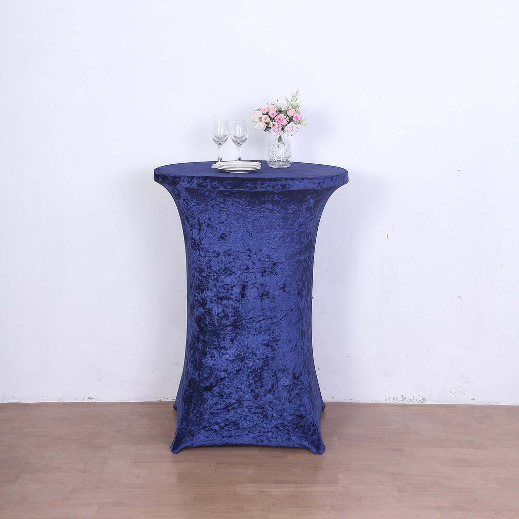 Crushed Velvet Spandex 30" Round Cocktail Table Cover Navy Blue Smooth Highboy Tablecloth - Bell Racket Store