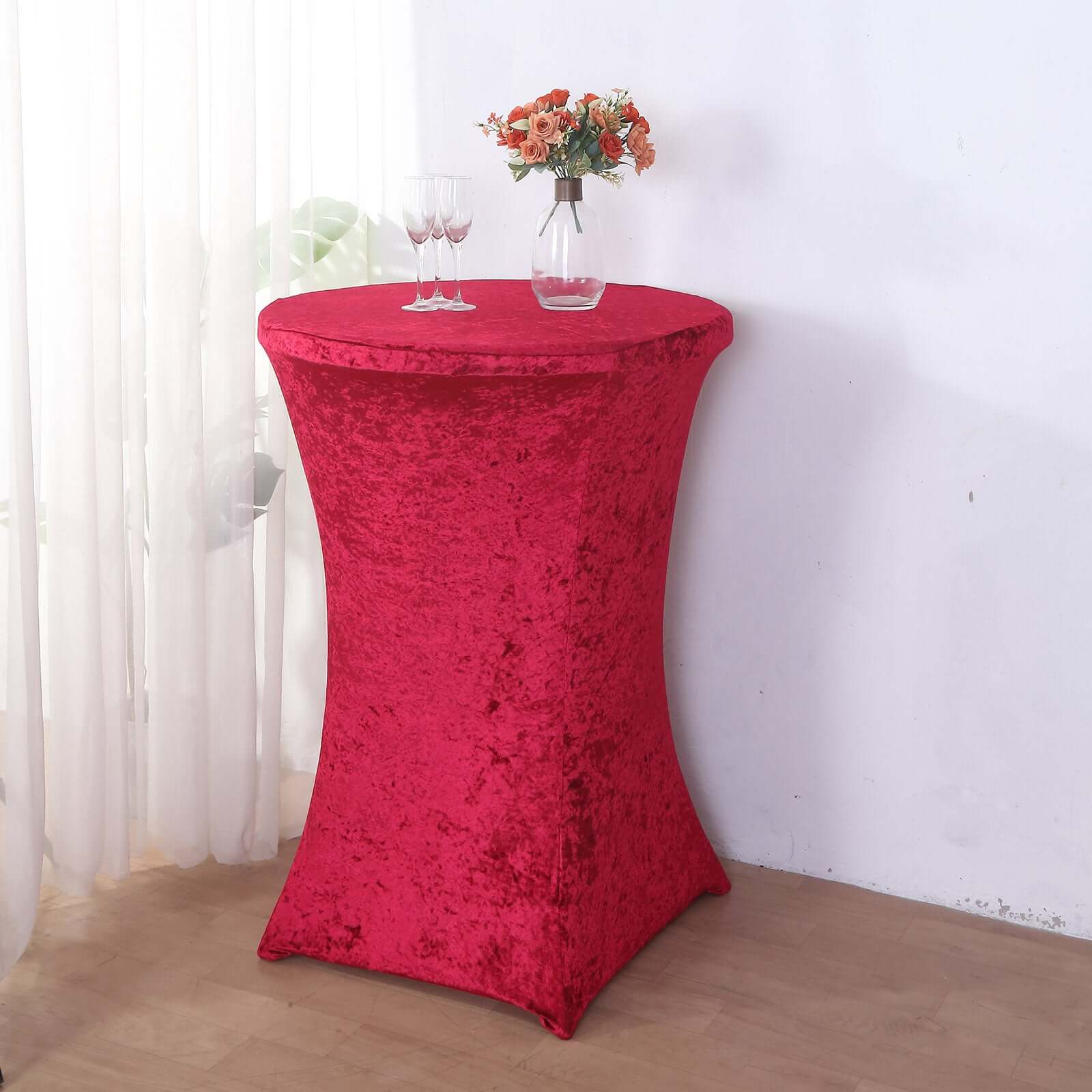 Crushed Velvet Spandex 30" Round Cocktail Table Cover Red Smooth Highboy Tablecloth - Bell Racket Store