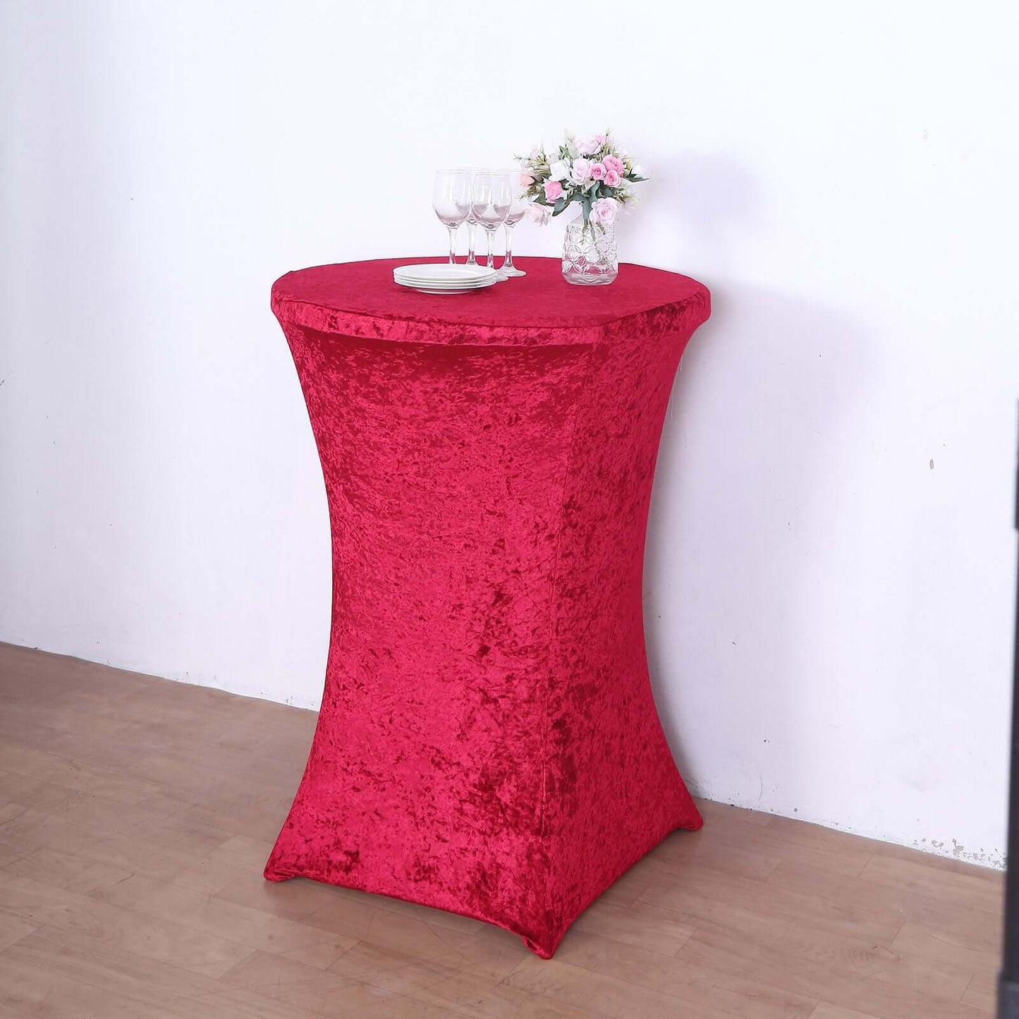 Crushed Velvet Spandex 30" Round Cocktail Table Cover Red Smooth Highboy Tablecloth - Bell Racket Store
