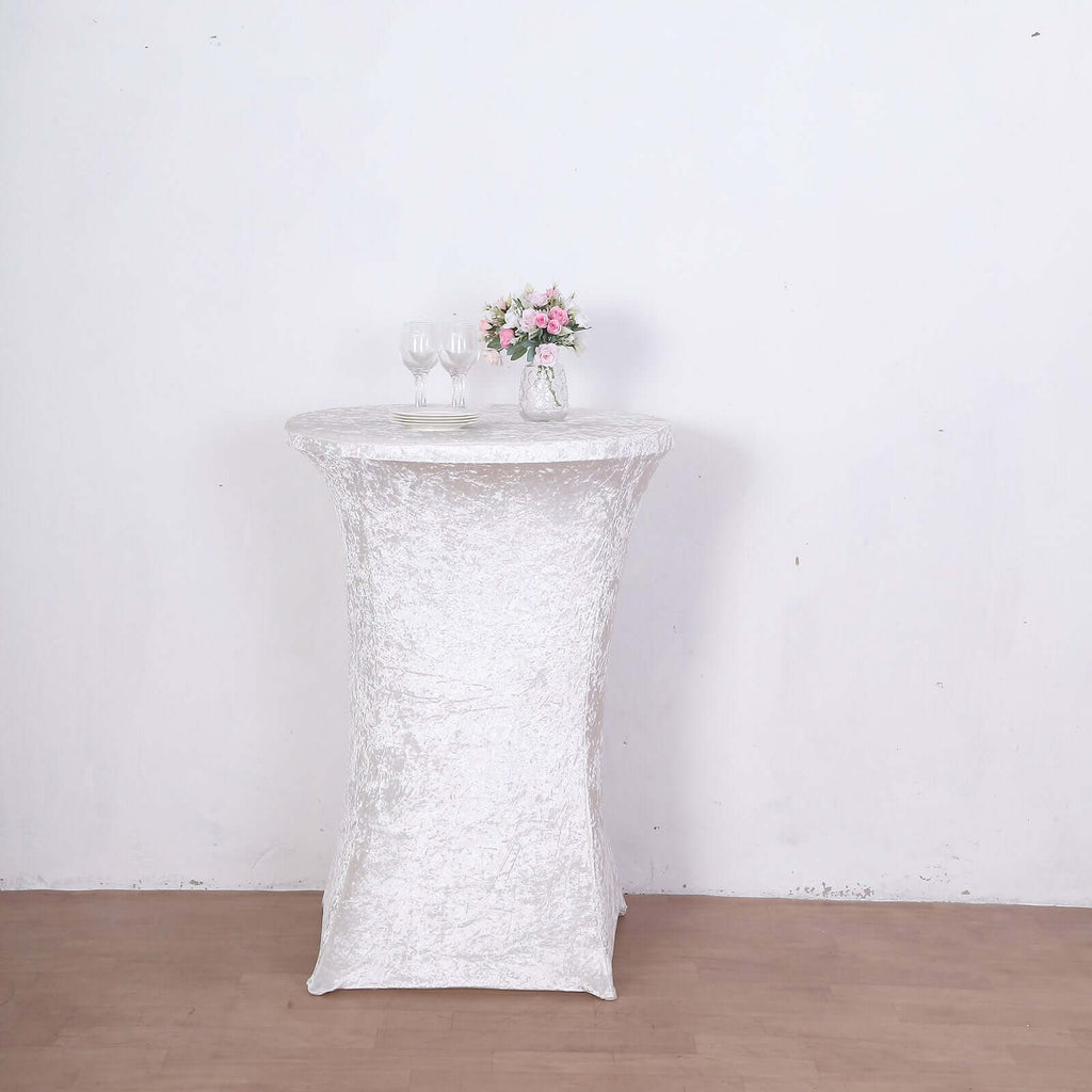 Crushed Velvet Spandex 30" Round Cocktail Table Cover White Smooth Highboy Tablecloth - Bell Racket Store
