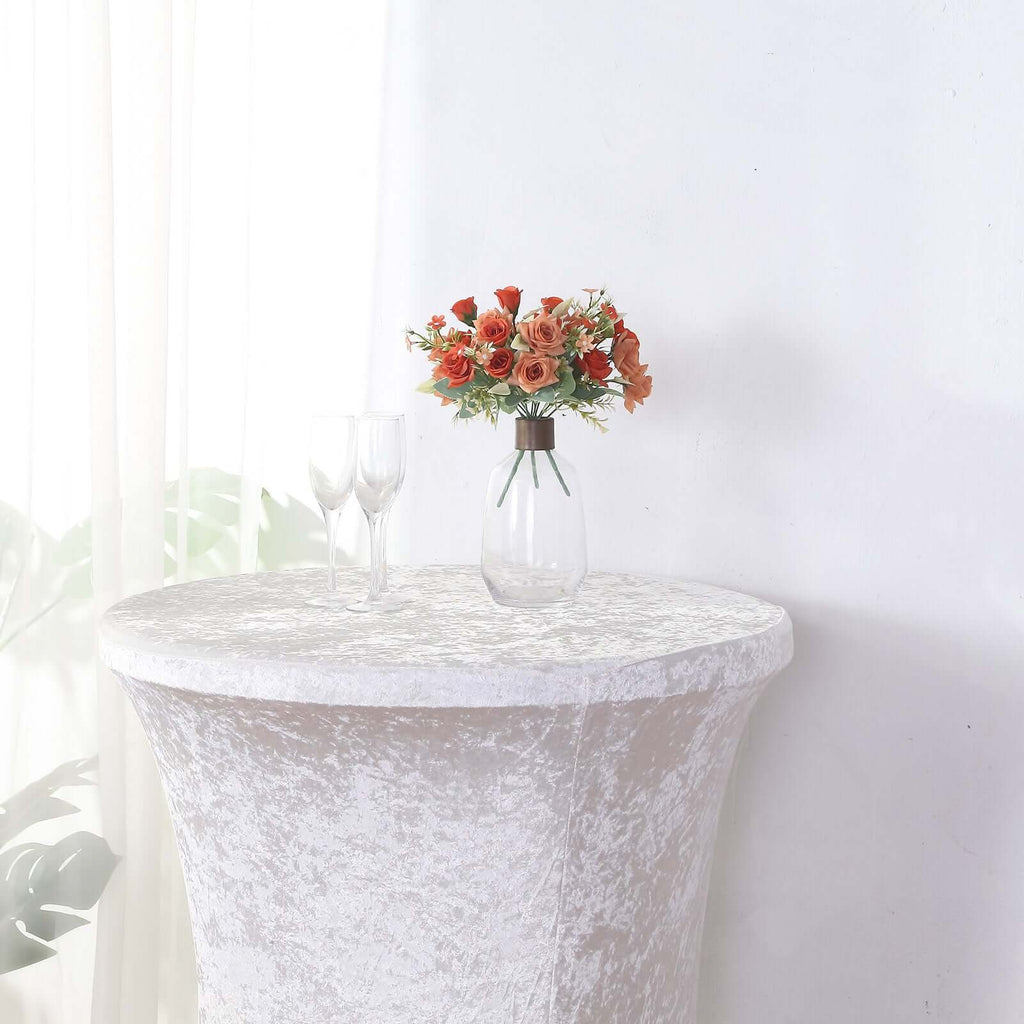 Crushed Velvet Spandex 30" Round Cocktail Table Cover White Smooth Highboy Tablecloth - Bell Racket Store