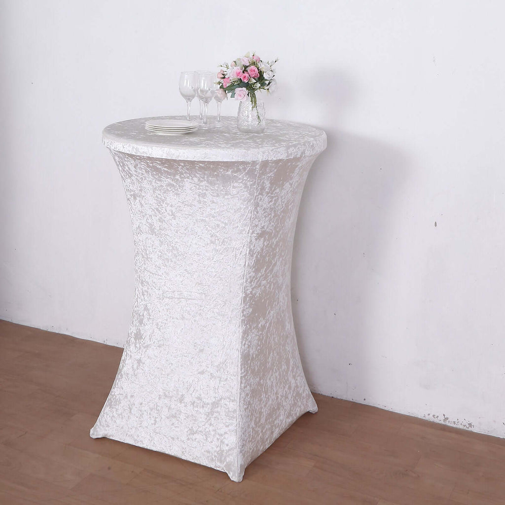 Crushed Velvet Spandex 30" Round Cocktail Table Cover White Smooth Highboy Tablecloth - Bell Racket Store