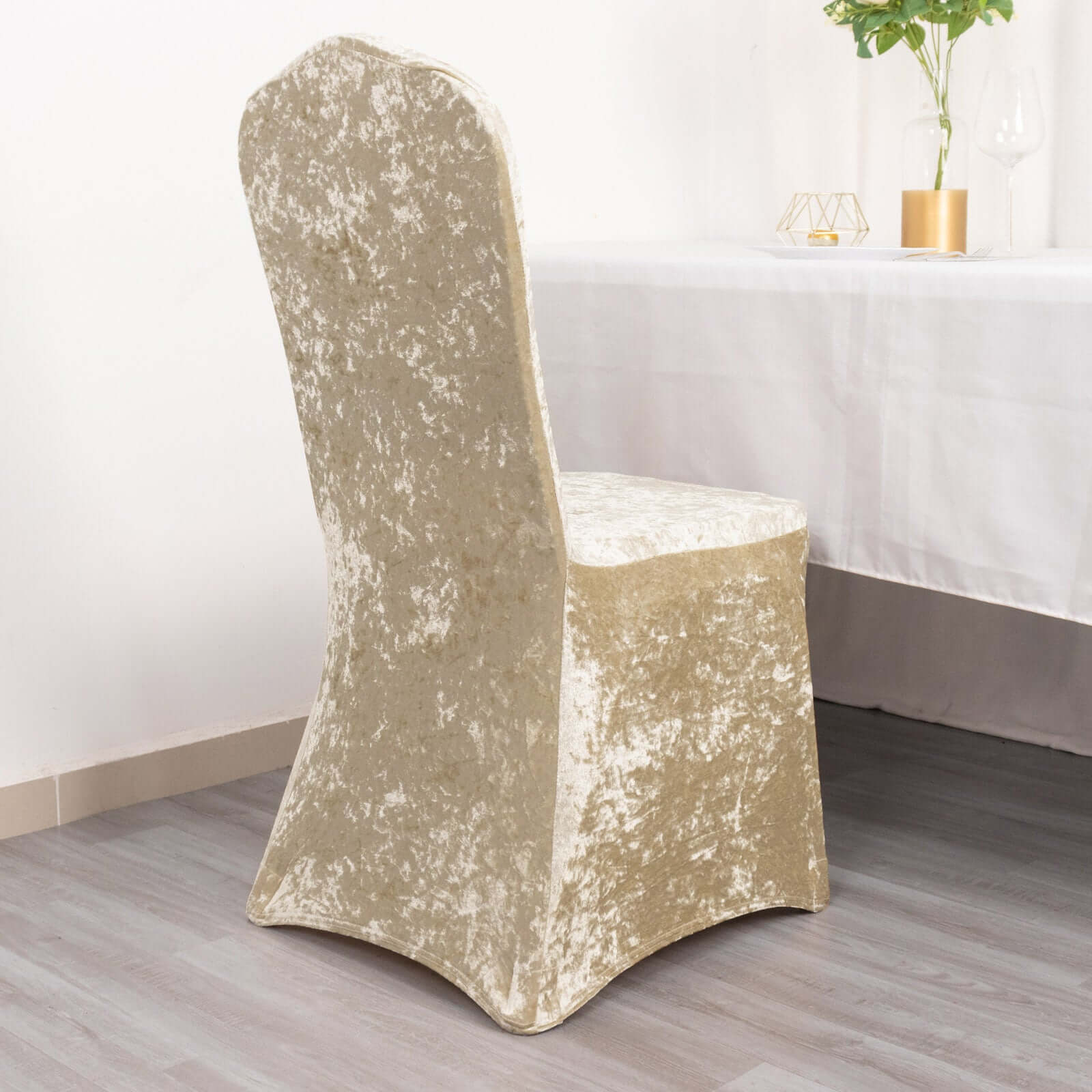 Crushed Velvet Spandex Banquet Chair Cover Fitted Slipcover Beige - Stretch 190GSM Slipcover with Foot Pockets - Bell Racket Store