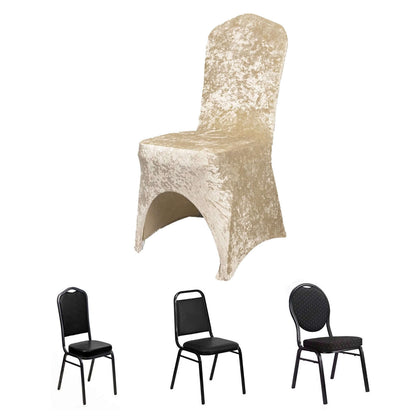 Crushed Velvet Spandex Banquet Chair Cover Fitted Slipcover Beige - Stretch 190GSM Slipcover with Foot Pockets - Bell Racket Store