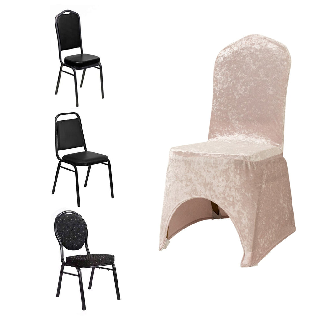 Crushed Velvet Spandex Banquet Chair Cover Fitted Slipcover Blush - Stretch 190GSM Slipcover with Foot Pockets - Bell Racket Store