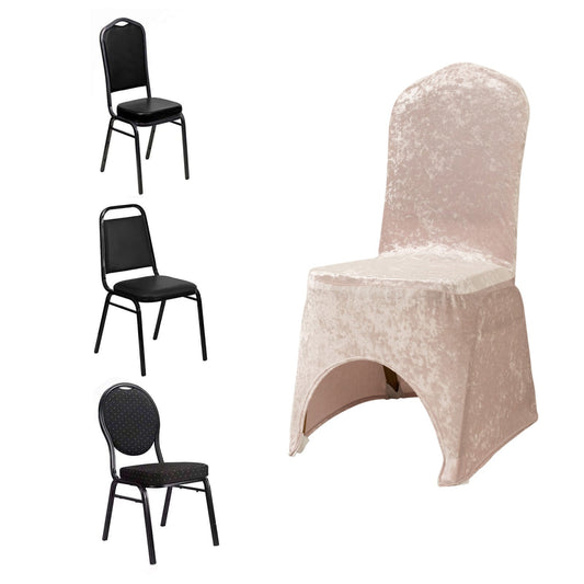 Crushed Velvet Spandex Banquet Chair Cover Fitted Slipcover Blush - Stretch 190GSM Slipcover with Foot Pockets - Bell Racket Store