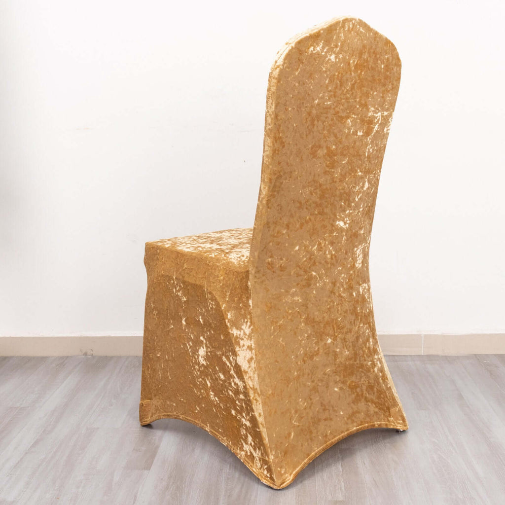 Crushed Velvet Spandex Banquet Chair Cover Fitted Slipcover Champagne - Stretch 190GSM Slipcover with Foot Pockets - Bell Racket Store