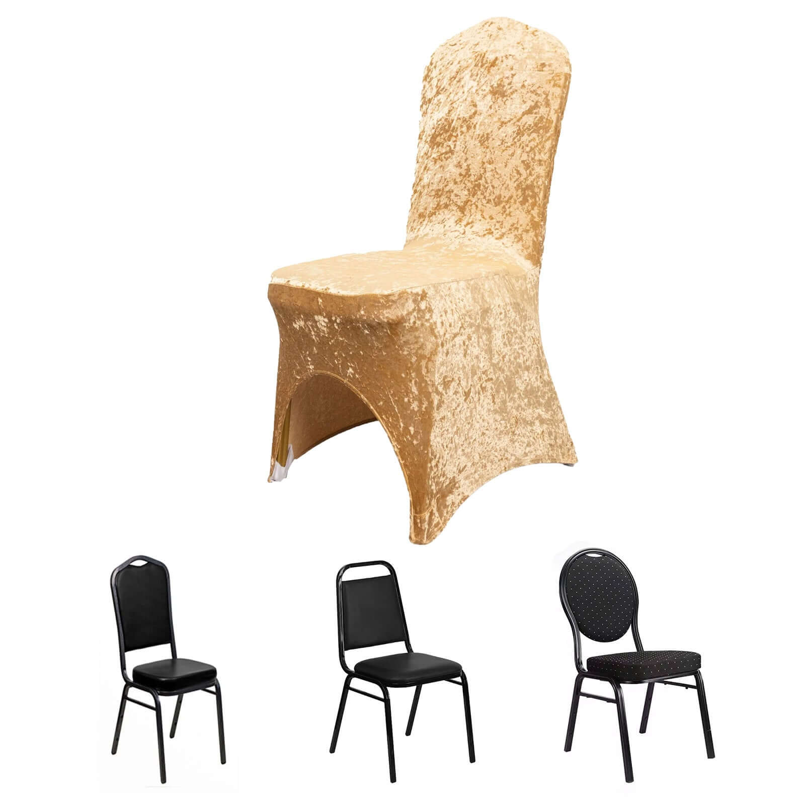 Crushed Velvet Spandex Banquet Chair Cover Fitted Slipcover Champagne - Stretch 190GSM Slipcover with Foot Pockets - Bell Racket Store