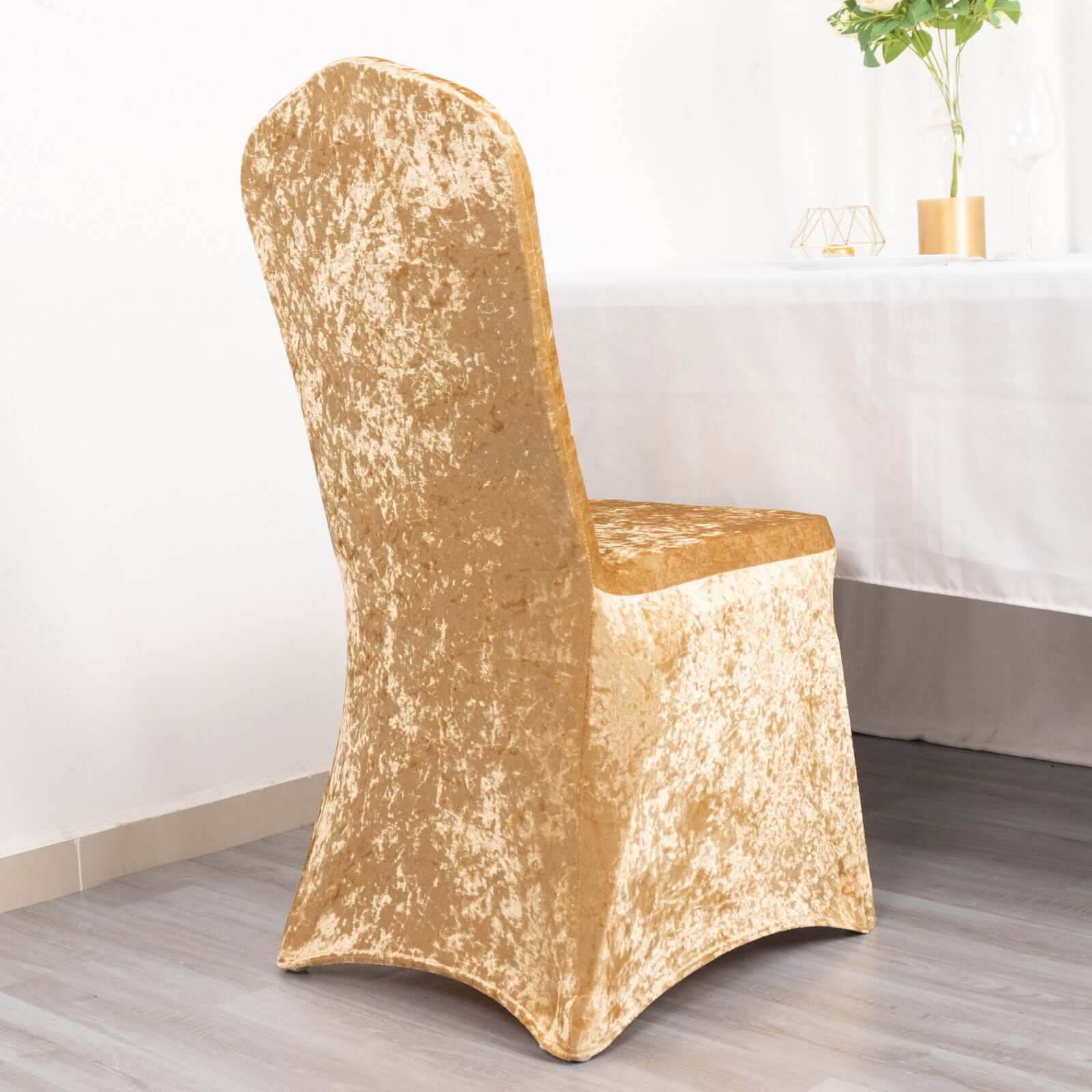 Crushed Velvet Spandex Banquet Chair Cover Fitted Slipcover Champagne - Stretch 190GSM Slipcover with Foot Pockets - Bell Racket Store