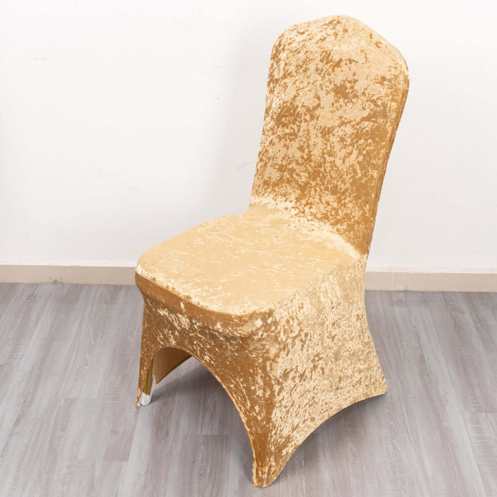 Crushed Velvet Spandex Banquet Chair Cover Fitted Slipcover Champagne - Stretch 190GSM Slipcover with Foot Pockets - Bell Racket Store