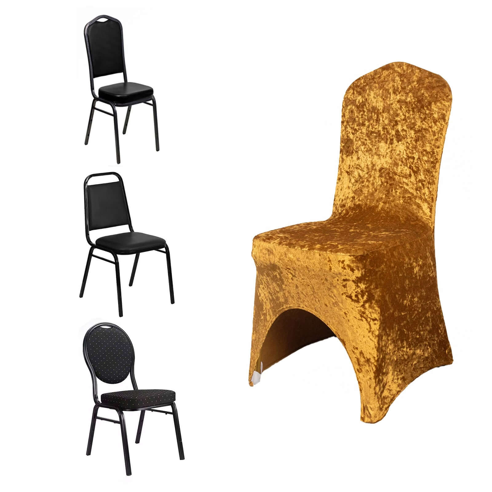 Crushed Velvet Spandex Banquet Chair Cover Fitted Slipcover Gold - Stretch 190GSM Slipcover with Foot Pockets - Bell Racket Store