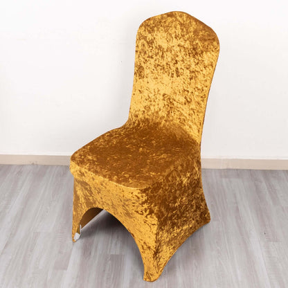 Crushed Velvet Spandex Banquet Chair Cover Fitted Slipcover Gold - Stretch 190GSM Slipcover with Foot Pockets - Bell Racket Store