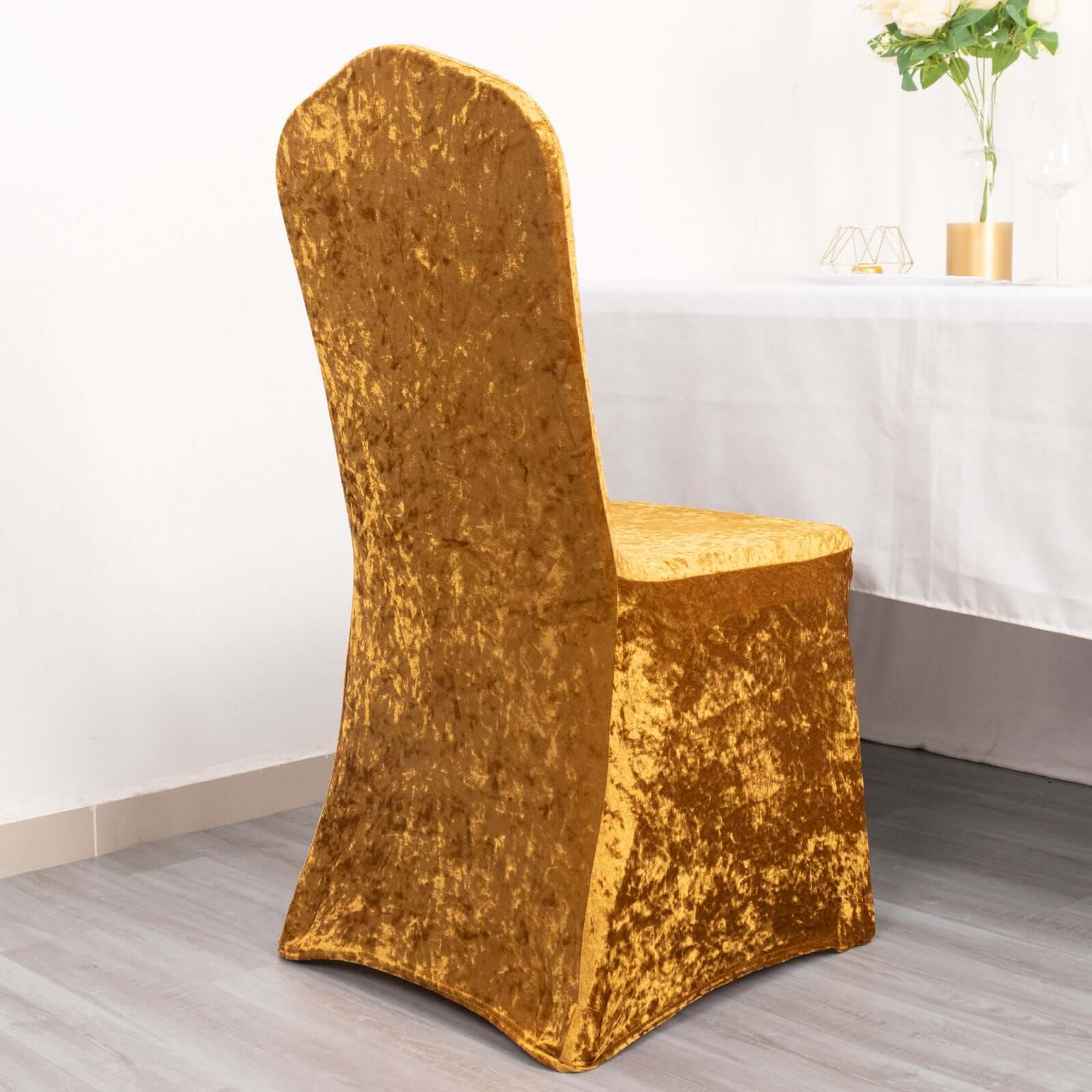 Crushed Velvet Spandex Banquet Chair Cover Fitted Slipcover Gold - Stretch 190GSM Slipcover with Foot Pockets - Bell Racket Store