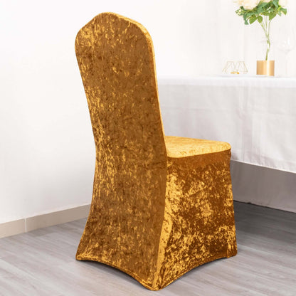 Crushed Velvet Spandex Banquet Chair Cover Fitted Slipcover Gold - Stretch 190GSM Slipcover with Foot Pockets - Bell Racket Store