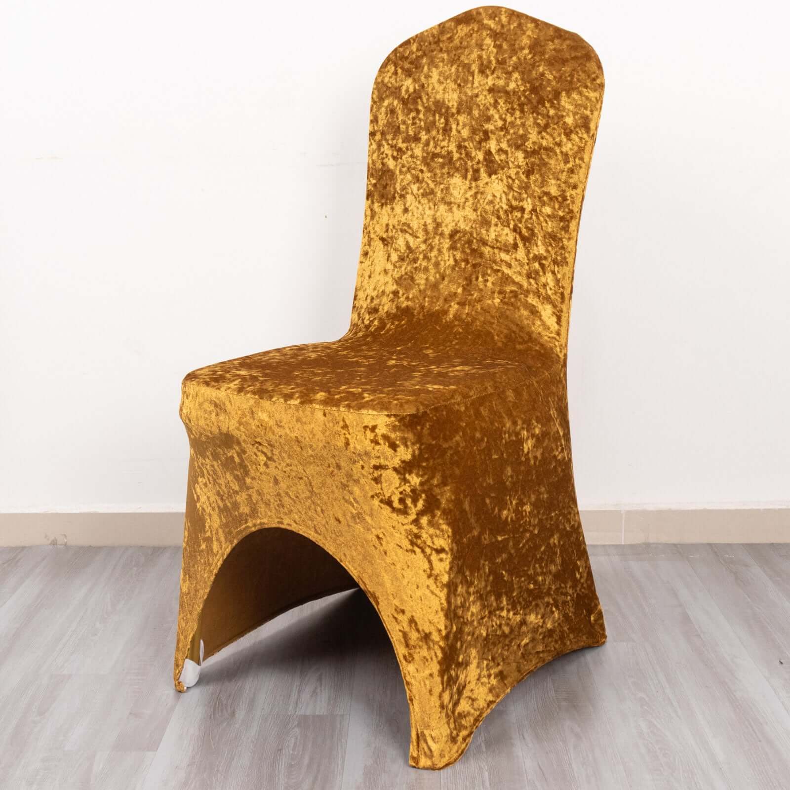 Crushed Velvet Spandex Banquet Chair Cover Fitted Slipcover Gold - Stretch 190GSM Slipcover with Foot Pockets - Bell Racket Store