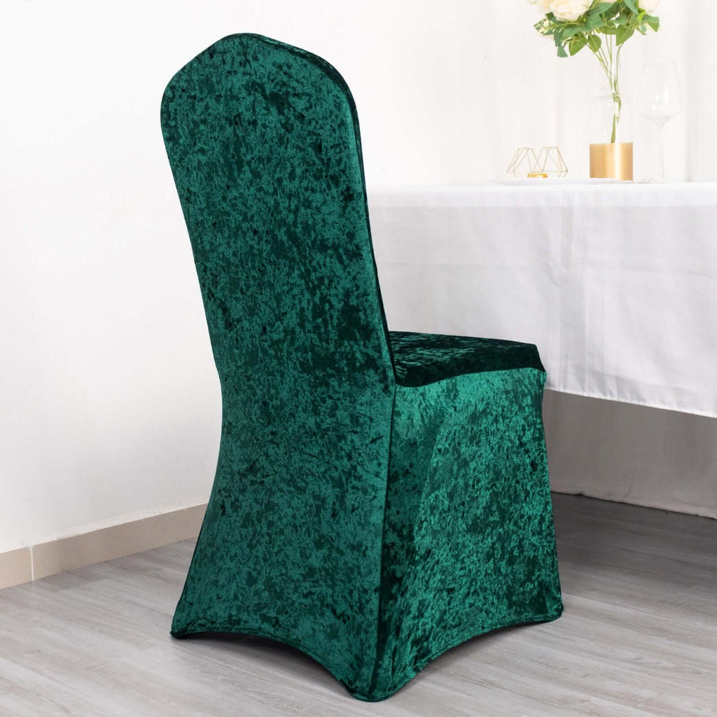 Crushed Velvet Spandex Banquet Chair Cover Fitted Slipcover Hunter Emerald Green - Stretch 190GSM Slipcover with Foot Pockets - Bell Racket Store