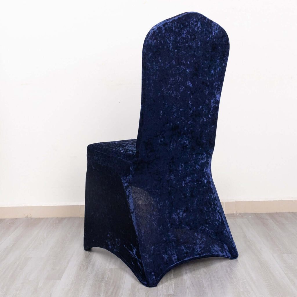 Crushed Velvet Spandex Banquet Chair Cover Fitted Slipcover Navy Blue - Stretch 190GSM Slipcover with Foot Pockets - Bell Racket Store