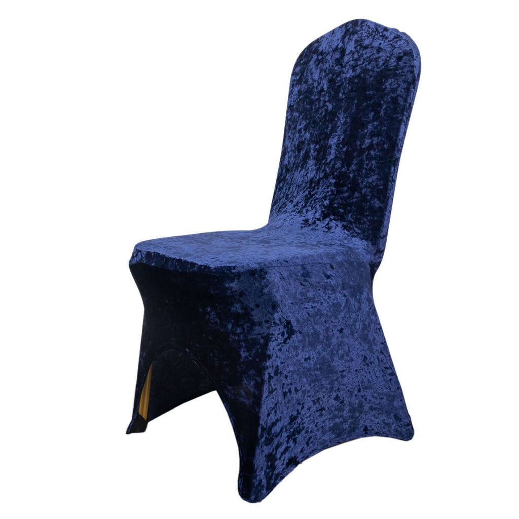 Crushed Velvet Spandex Banquet Chair Cover Fitted Slipcover Navy Blue - Stretch 190GSM Slipcover with Foot Pockets - Bell Racket Store