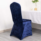 Crushed Velvet Spandex Banquet Chair Cover Fitted Slipcover Navy Blue - Stretch 190GSM Slipcover with Foot Pockets - Bell Racket Store