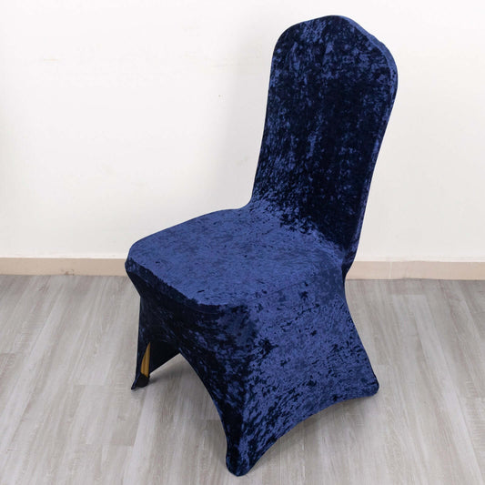 Crushed Velvet Spandex Banquet Chair Cover Fitted Slipcover Navy Blue - Stretch 190GSM Slipcover with Foot Pockets - Bell Racket Store