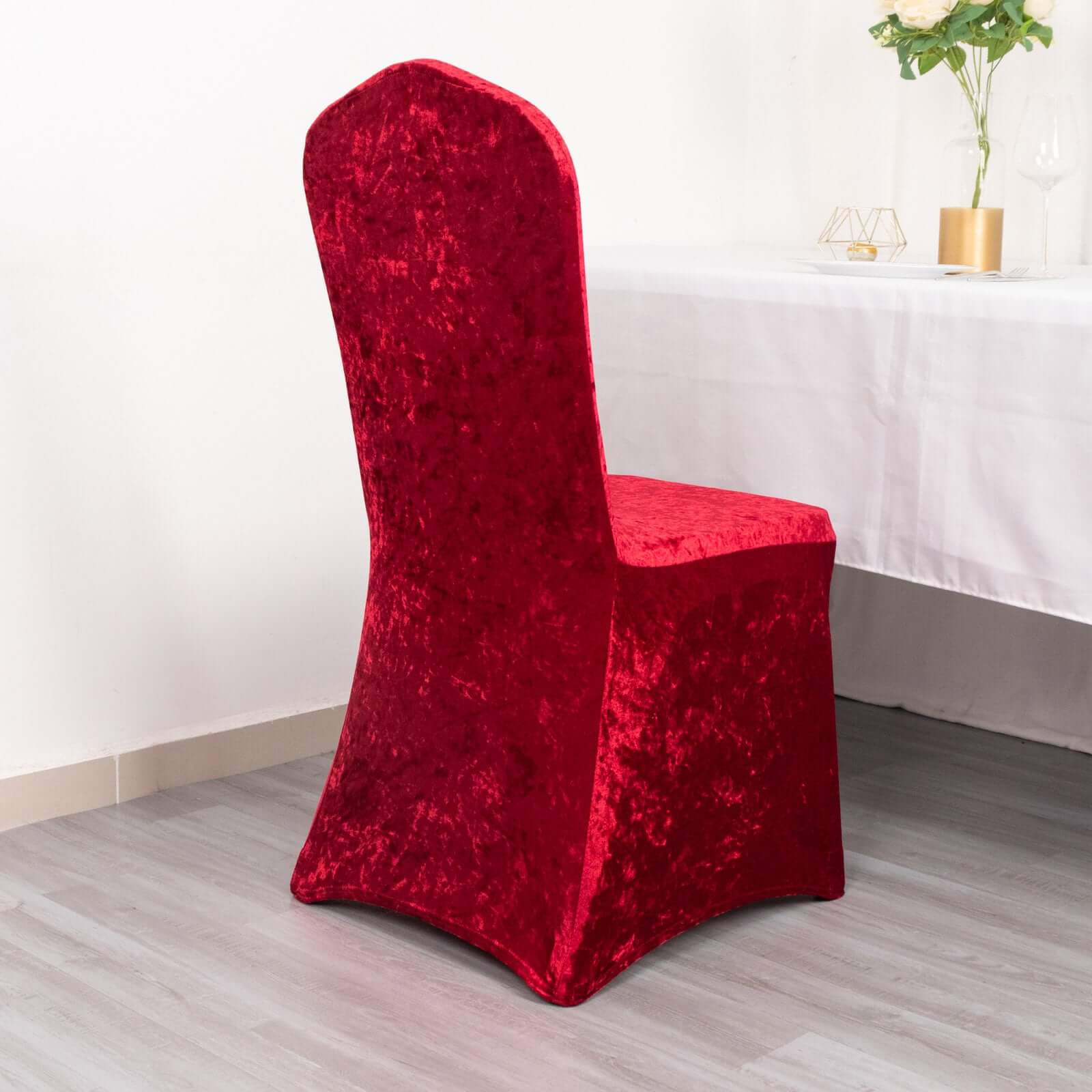 Crushed Velvet Spandex Banquet Chair Cover Fitted Slipcover Red - Stretch 190GSM Slipcover with Foot Pockets - Bell Racket Store