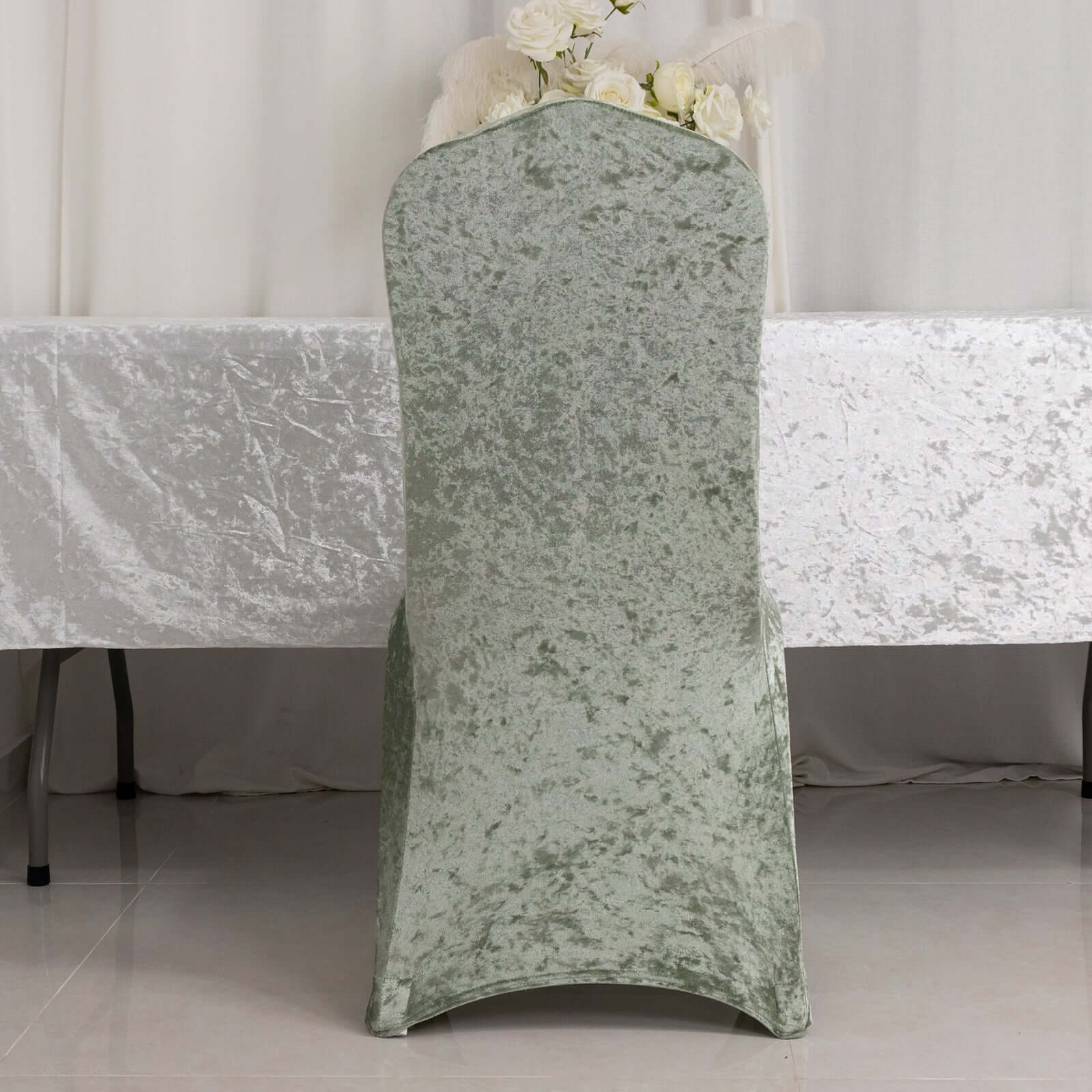 Crushed Velvet Spandex Banquet Chair Cover Fitted Slipcover Sage Green - Stretch 190GSM Slipcover with Foot Pockets - Bell Racket Store