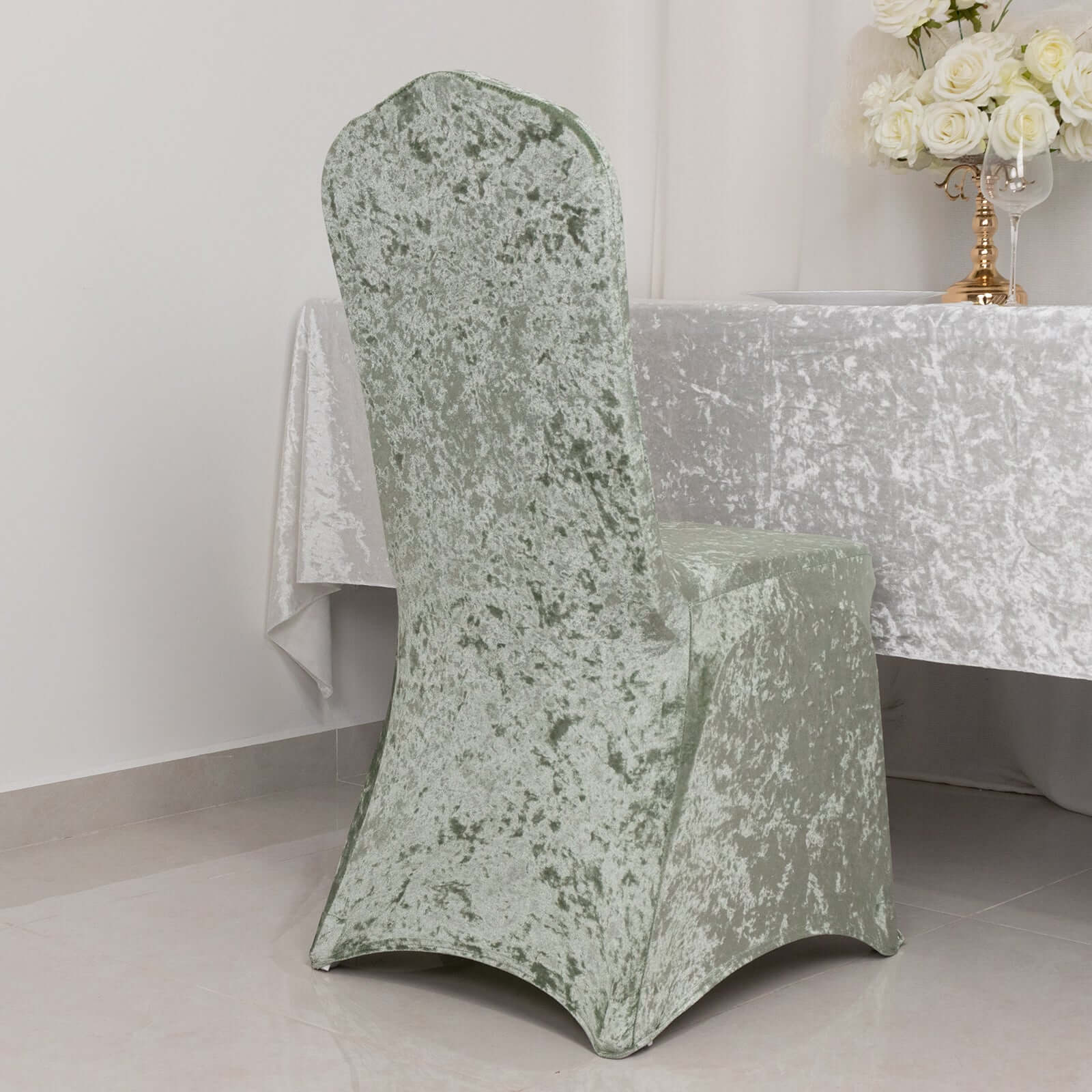 Crushed Velvet Spandex Banquet Chair Cover Fitted Slipcover Sage Green - Stretch 190GSM Slipcover with Foot Pockets - Bell Racket Store