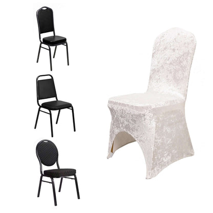 Crushed Velvet Spandex Banquet Chair Cover Fitted Slipcover White - Stretch 190GSM Slipcover with Foot Pockets for Weddings & Events - Bell Racket Store