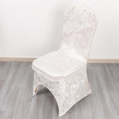 Crushed Velvet Spandex Banquet Chair Cover Fitted Slipcover White - Stretch 190GSM Slipcover with Foot Pockets for Weddings & Events - Bell Racket Store