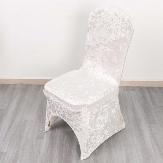 Crushed Velvet Spandex Banquet Chair Cover Fitted Slipcover White - Stretch 190GSM Slipcover with Foot Pockets for Weddings & Events - Bell Racket Store