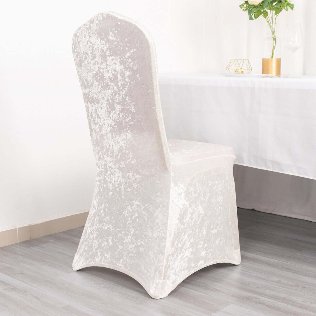 Crushed Velvet Spandex Banquet Chair Cover Fitted Slipcover White - Stretch 190GSM Slipcover with Foot Pockets for Weddings & Events - Bell Racket Store
