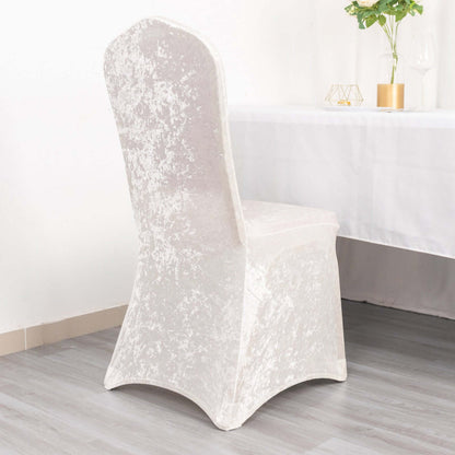 Crushed Velvet Spandex Banquet Chair Cover Fitted Slipcover White - Stretch 190GSM Slipcover with Foot Pockets for Weddings & Events - Bell Racket Store