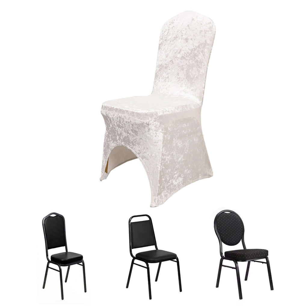 Crushed Velvet Spandex Banquet Chair Cover Fitted Slipcover White - Stretch 190GSM Slipcover with Foot Pockets for Weddings & Events - Bell Racket Store