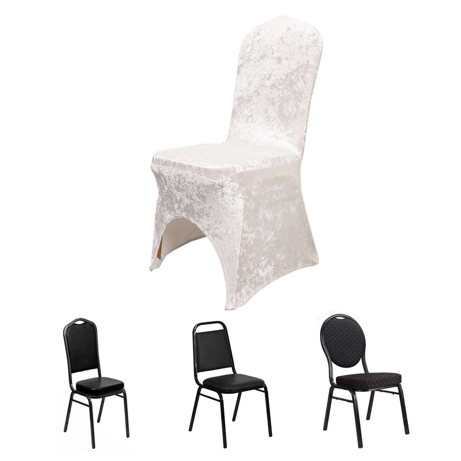 Crushed Velvet Spandex Banquet Chair Cover Fitted Slipcover White - Stretch 190GSM Slipcover with Foot Pockets for Weddings & Events - Bell Racket Store