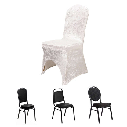 Crushed Velvet Spandex Banquet Chair Cover Fitted Slipcover White - Stretch 190GSM Slipcover with Foot Pockets for Weddings & Events - Bell Racket Store