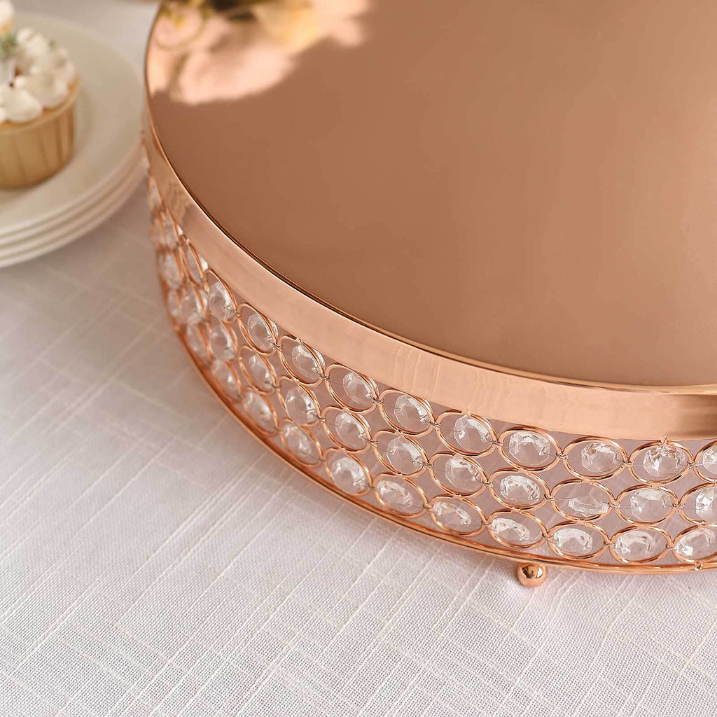 Metal Cake Stand Pedestal Crystal Beaded Design Rose Gold - Cupcake Display and Dessert Riser 16"