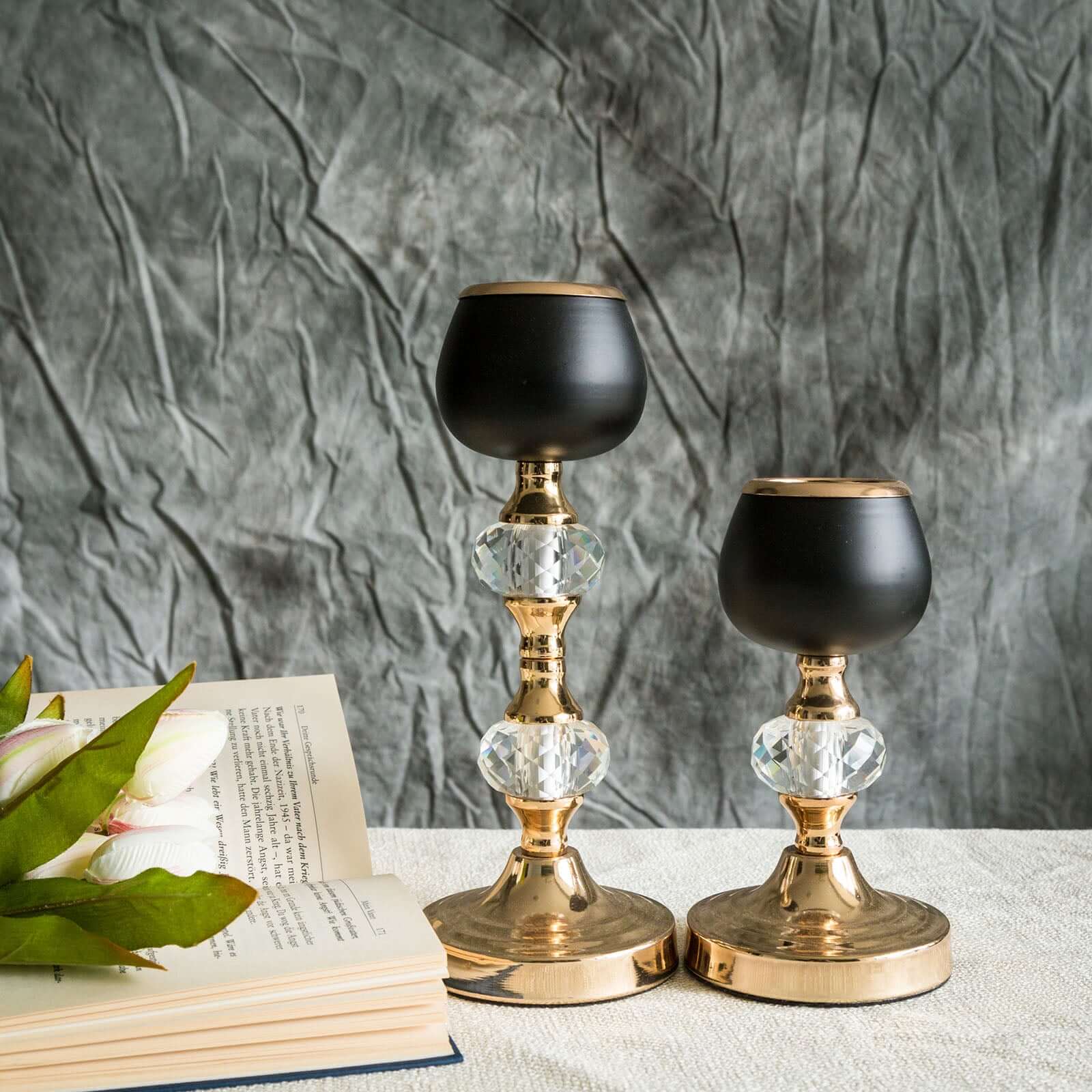 Set of 2 Metal Crystal Lamp Candle Holders Gold/Black - Sophisticated Votive Tealight Stands 7", 11"