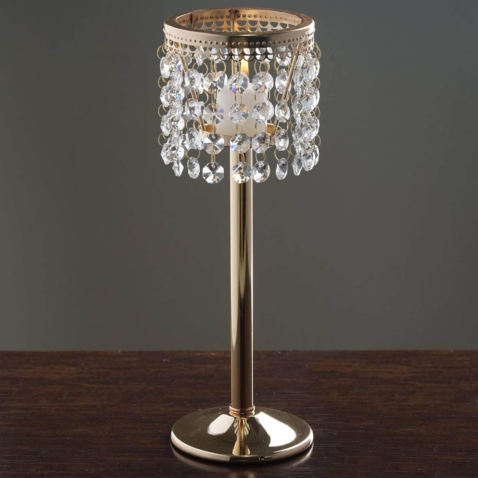 Crystal Beaded Chandelier Metal Candle Holder Gold - Sophisticated Pillar Tealight Stand 12" - NestOCart