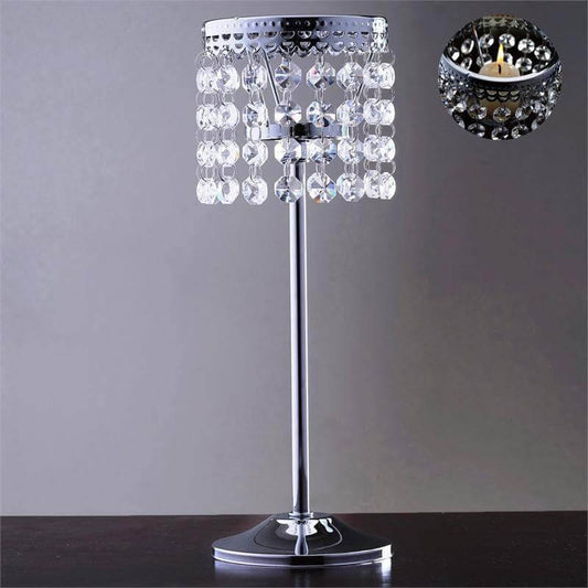 Crystal Beaded Chandelier Metal Candle Holder Silver - Sophisticated Pillar Tealight Stand 12" - NestOCart