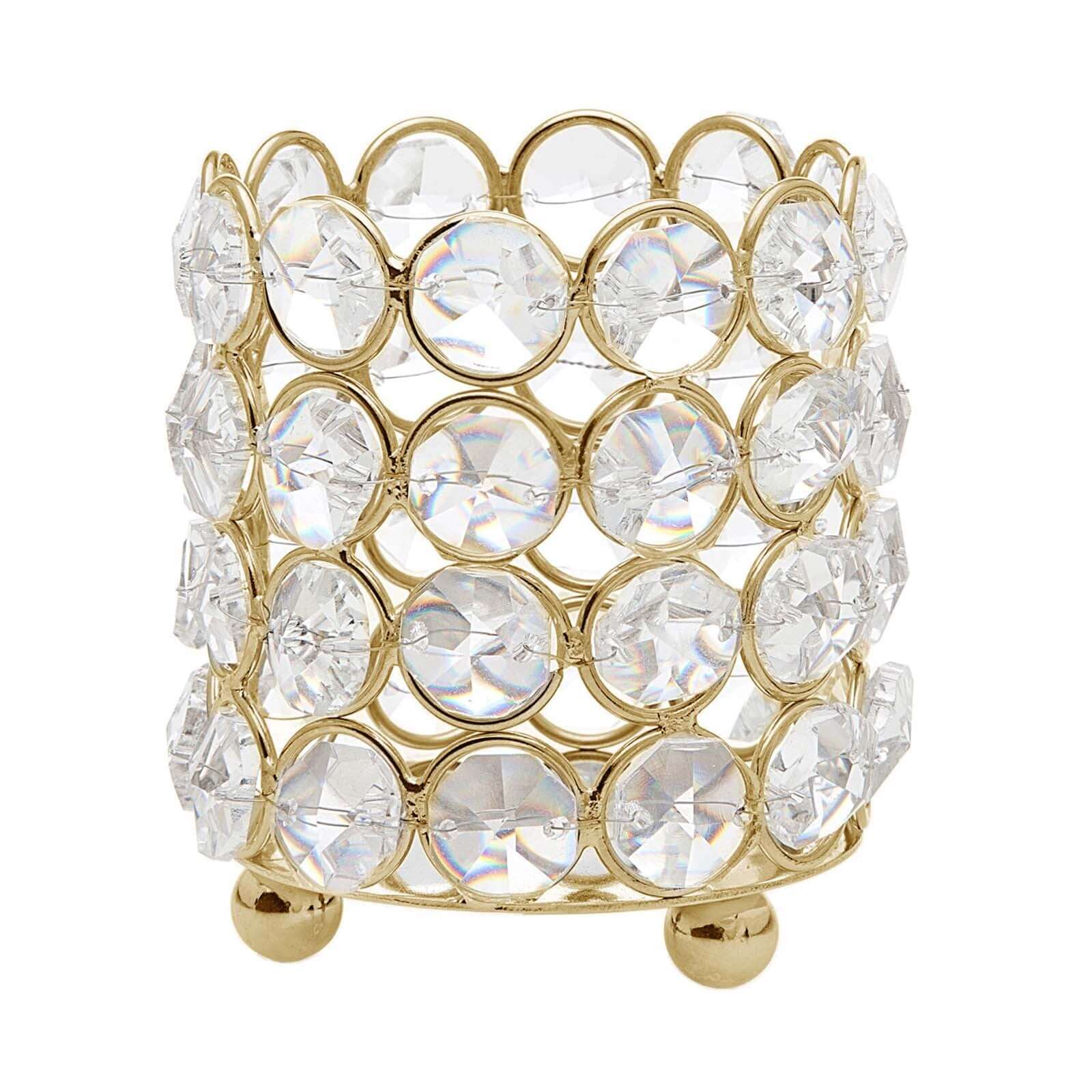 Crystal Beaded Metal Votive Tealight Holder Gold - Stylish Multipurpose Table Vase for Decor 4" - NestOCart