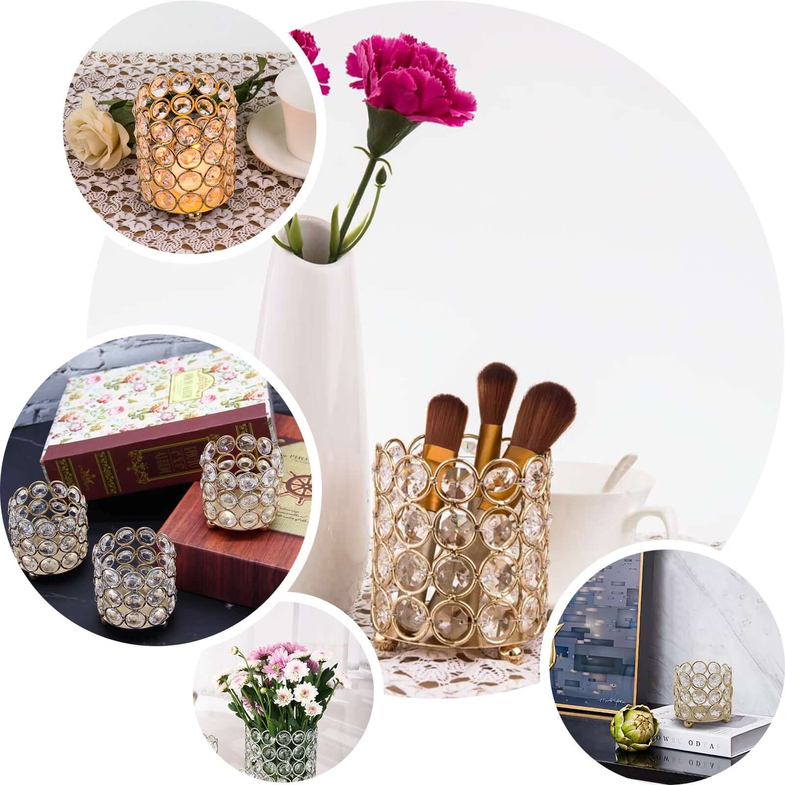 Crystal Beaded Metal Votive Tealight Holder Gold - Stylish Multipurpose Table Vase for Decor 4" - NestOCart