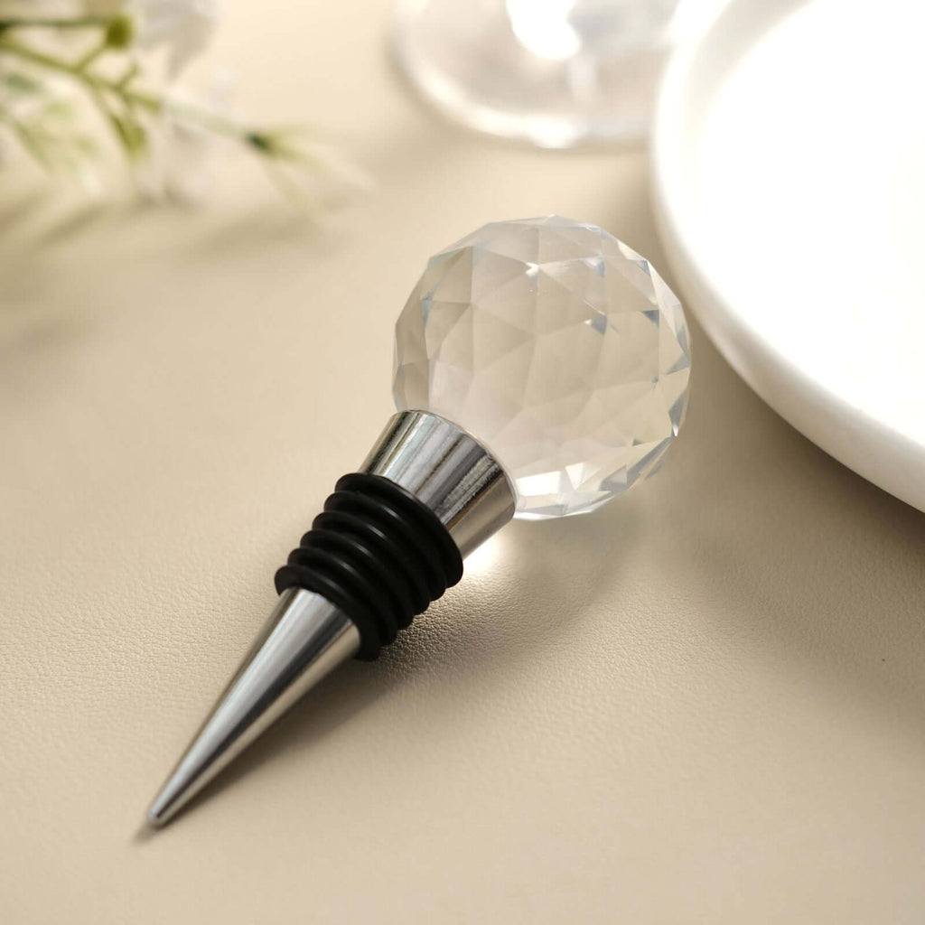 Crystal Glass Ball Metal Wine Bottle Stopper Plug Party Favor Gift Box - Clear Box, Thank You Card, and Ribbon Included - Bell Racket Store