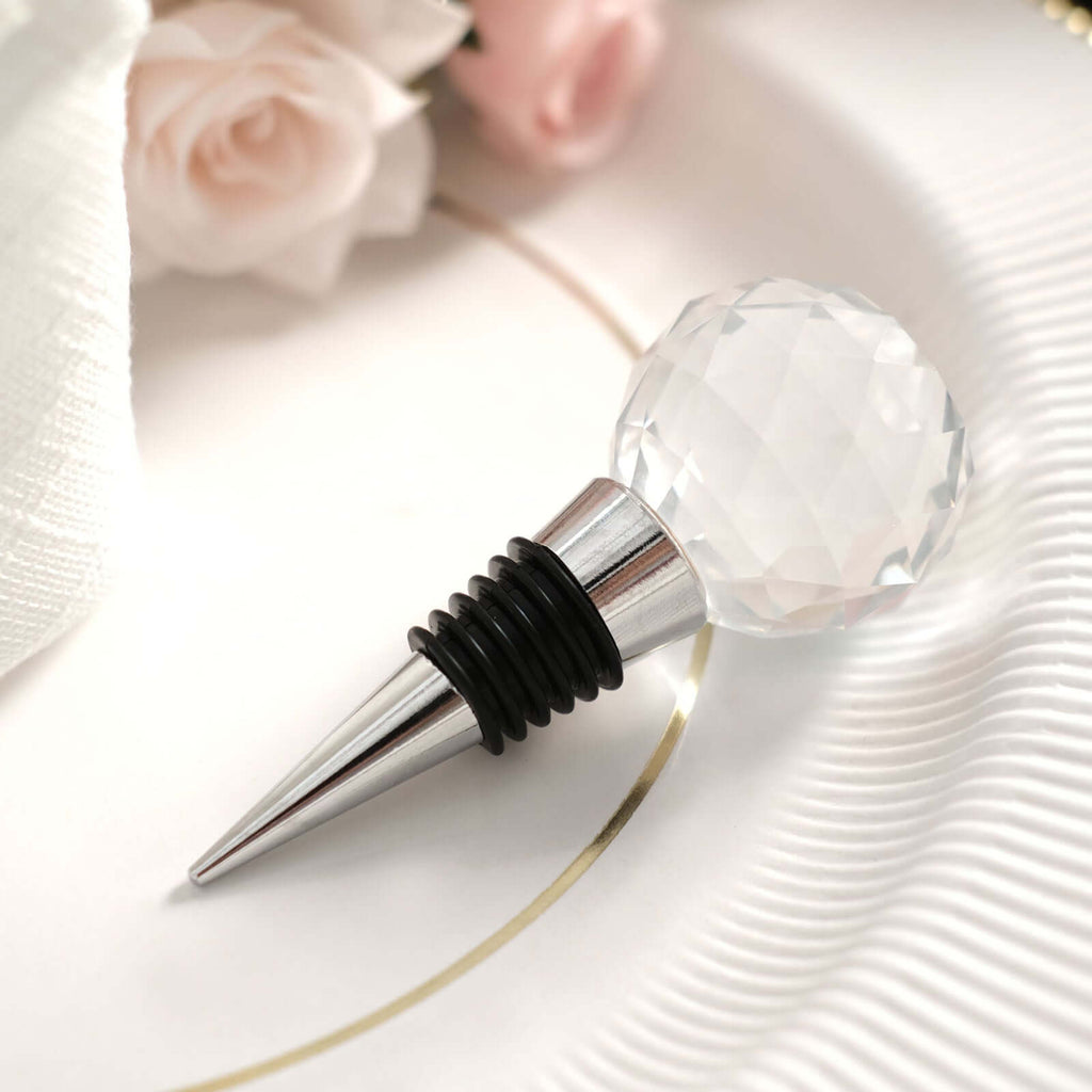 Crystal Glass Ball Metal Wine Bottle Stopper Plug Party Favor Gift Box - Clear Box, Thank You Card, and Ribbon Included - Bell Racket Store